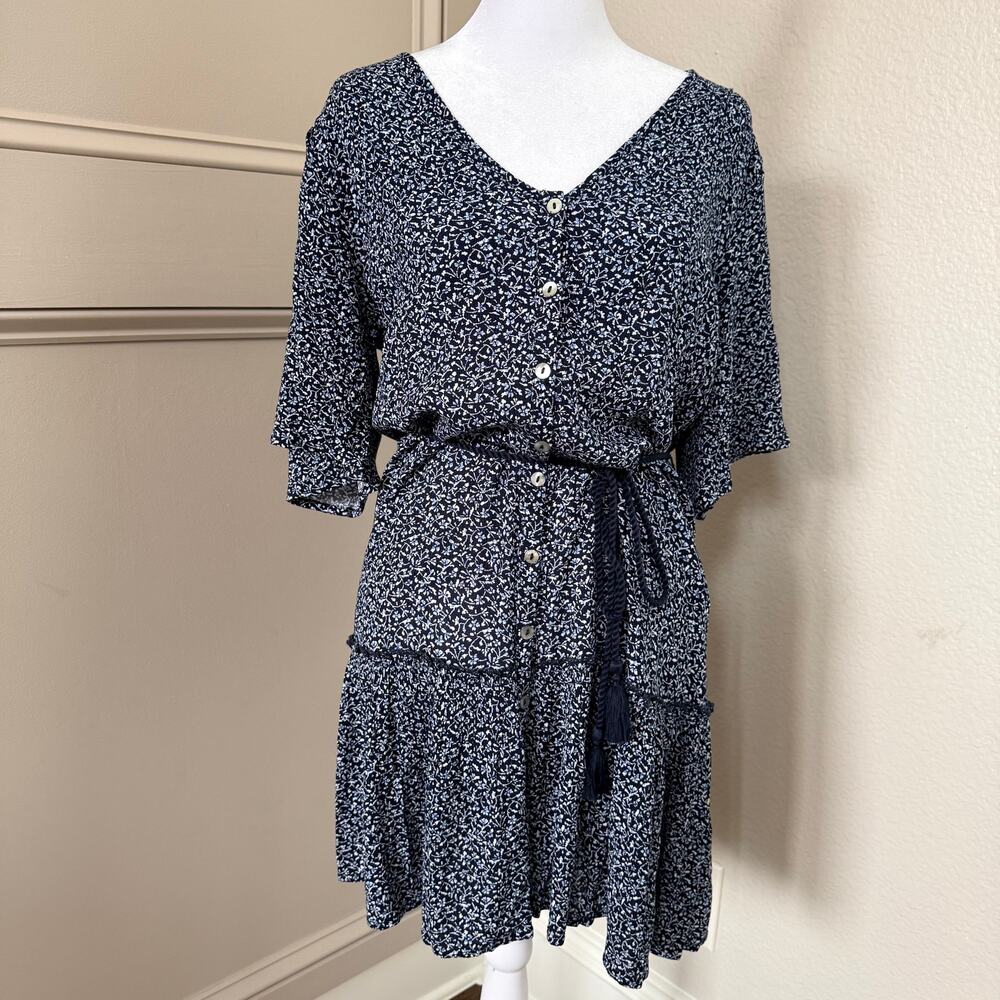 Faherty Navy Floral Button-Front Mini Dress